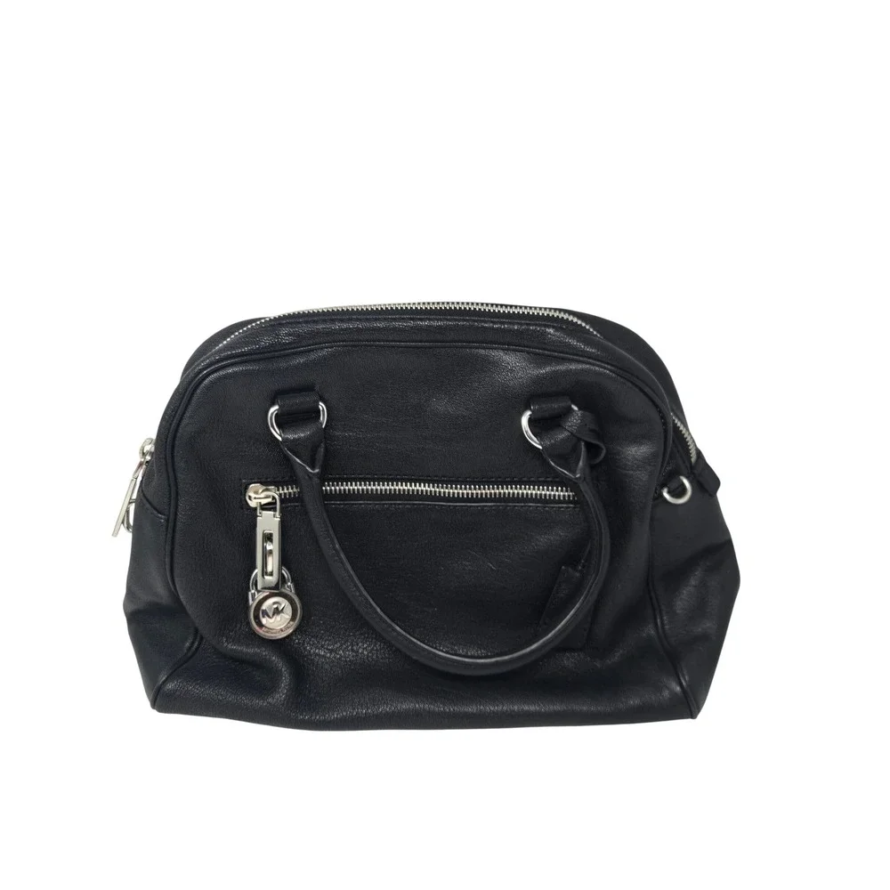 Michael Kors Black Pebbled Leather Satchel Bag Silver Logo Padlock Charm